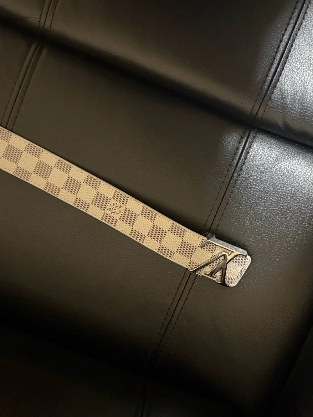 Louis Vuitton Beige Checkered Strap with Silver Buckle Size 42